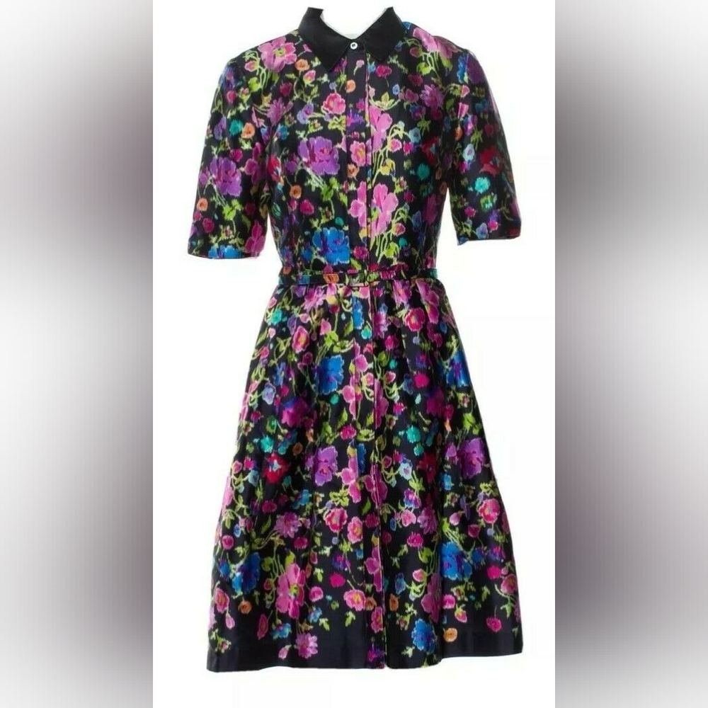 ^○$2,800 OSCAR DE LA RENTA STUNNING NAVY FLORAL MIKADO SILK RUNW MIDI DRESS L 10